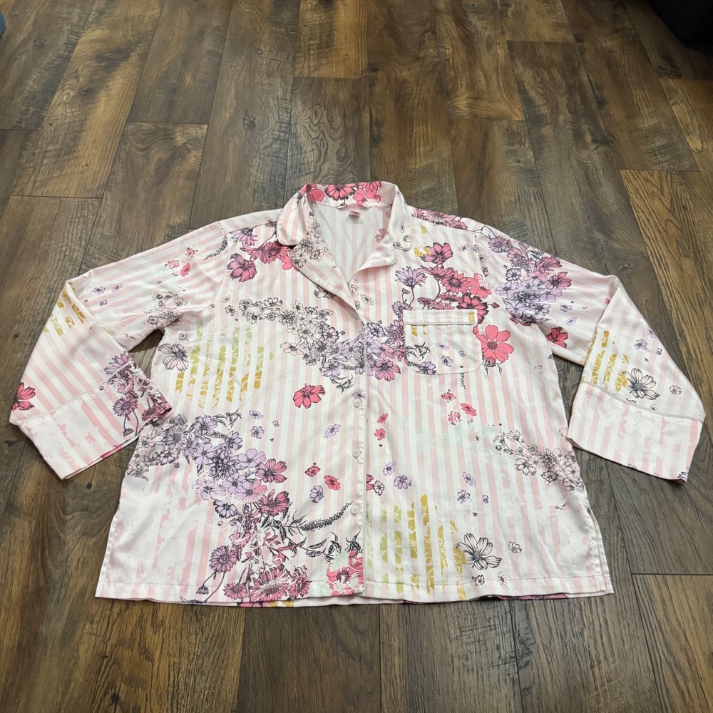 Victorias Secret Pink Striped Floral Satin Pajama Top Large Button Up Sleepwear